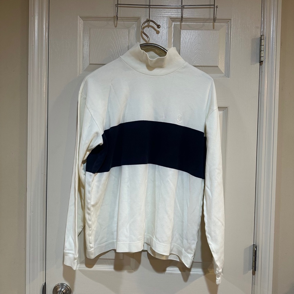 Nautica‎ Mens XXL White Navy Blue Stripe Mock Neck Long Sleeve Cotton Shirt